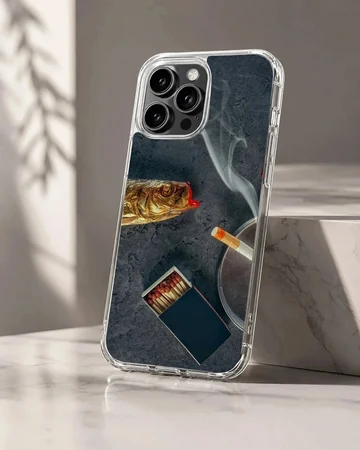 Surreal art print showing a fish with red lips, a matchbox, and a lit cigarette on a dark textured background phone case