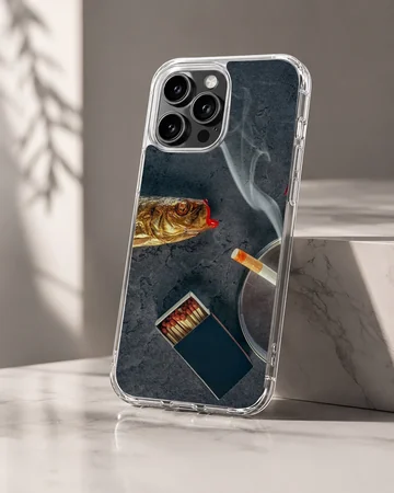 Surreal art print showing a fish with red lips, a matchbox, and a lit cigarette on a dark textured background phone case — Hero