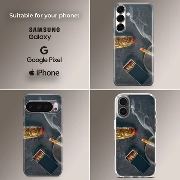 Surreal art print showing a fish with red lips, a matchbox, and a lit cigarette on a dark textured background phone case — Collage