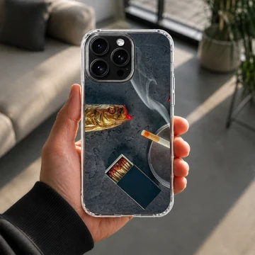 Surreal art print showing a fish with red lips, a matchbox, and a lit cigarette on a dark textured background phone case — Lifestyle