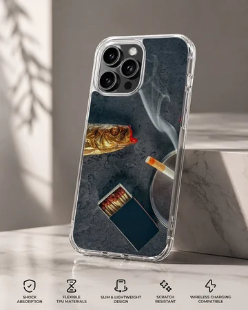 Surreal art print showing a fish with red lips, a matchbox, and a lit cigarette on a dark textured background phone case — Specs