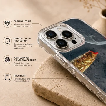 Surreal art print showing a fish with red lips, a matchbox, and a lit cigarette on a dark textured background phone case — Info