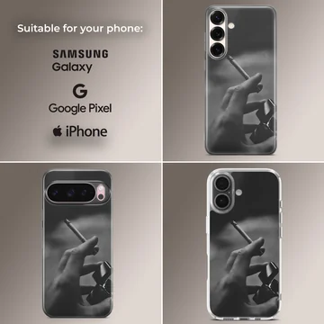 Monochrome photographic print of a hand holding a cigarette and a lighter on a phone case — Collage