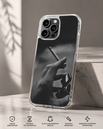 Monochrome photographic print of a hand holding a cigarette and a lighter on a phone case — Specs