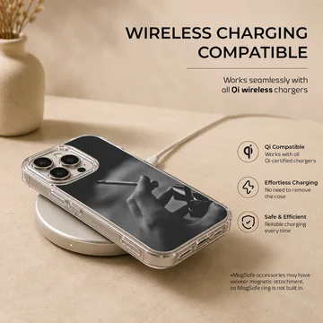 Monochrome photographic print of a hand holding a cigarette and a lighter on a phone case — Charging