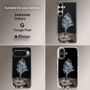 A dark phone case design featuring wisps of smoke forming skulls rising from an ashtray phone case — Collage