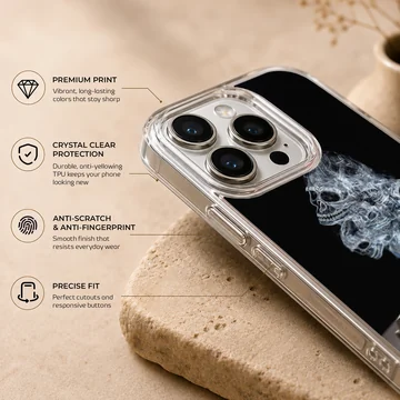 A dark phone case design featuring wisps of smoke forming skulls rising from an ashtray phone case — Info