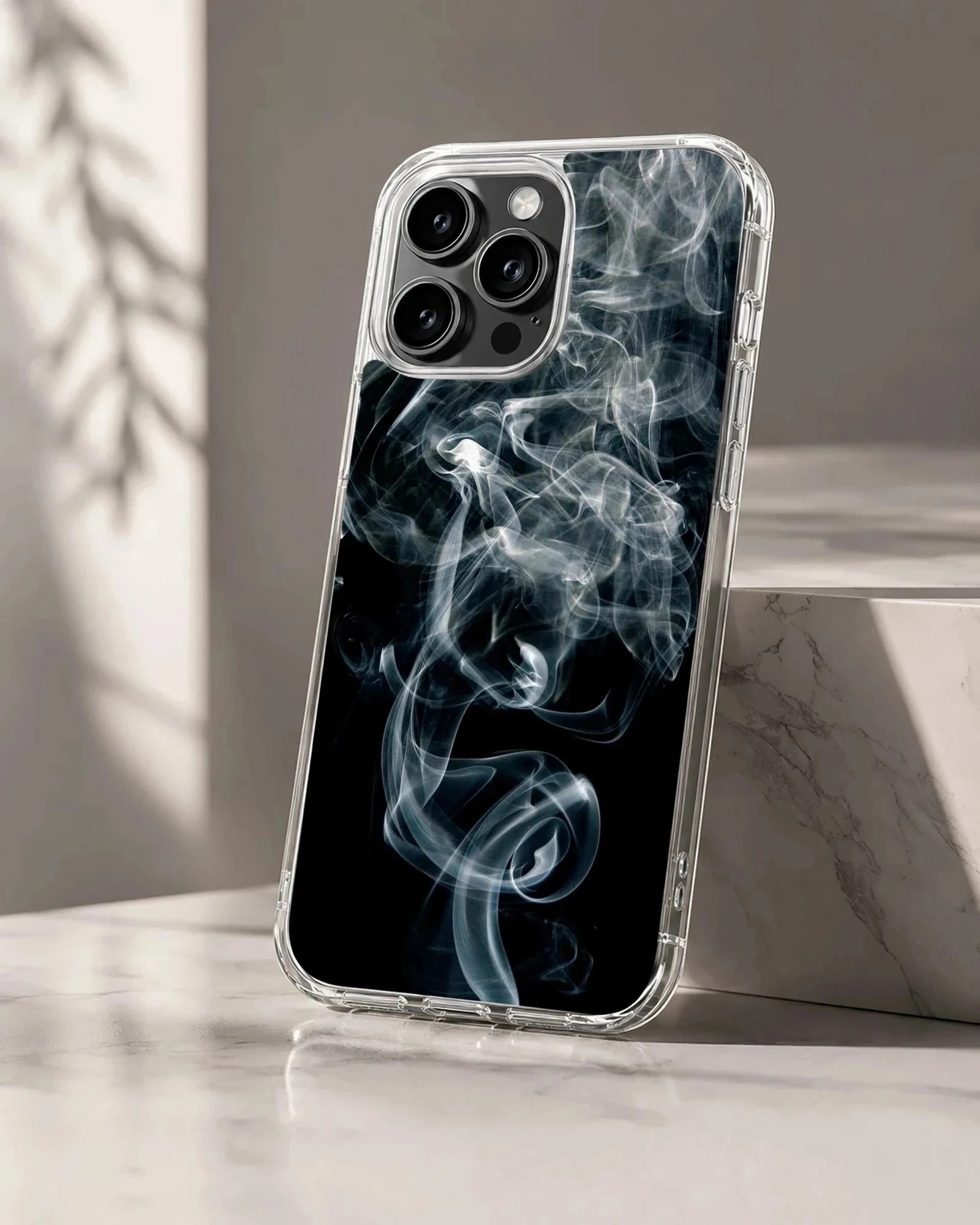 Swirling white smoke tendrils on a deep black background phone case