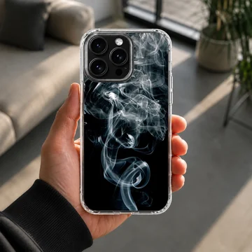 Swirling white smoke tendrils on a deep black background phone case — Lifestyle