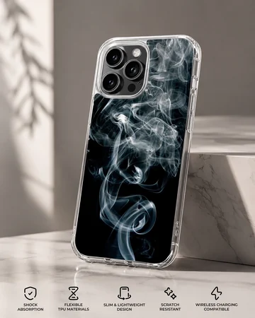 Swirling white smoke tendrils on a deep black background phone case — Specs