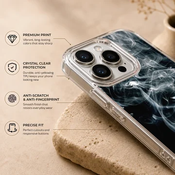 Swirling white smoke tendrils on a deep black background phone case — Info