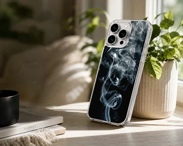 Swirling white smoke tendrils on a deep black background phone case — Lifestyle