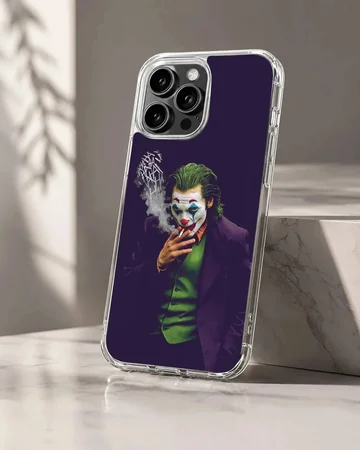 Cinematic character digital illustration of a clown figure smoking with typography smoke on a phone case