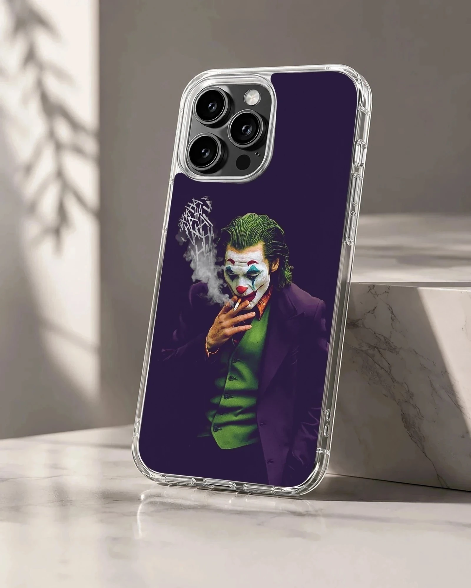 Cinematic character digital illustration of a clown figure smoking with typography smoke on a phone case