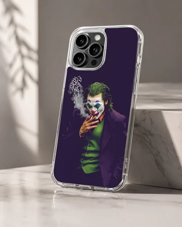 Cinematic character digital illustration of a clown figure smoking with typography smoke on a phone case — Hero