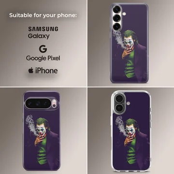 Cinematic character digital illustration of a clown figure smoking with typography smoke on a phone case — Collage