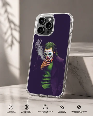 Cinematic character digital illustration of a clown figure smoking with typography smoke on a phone case — Specs