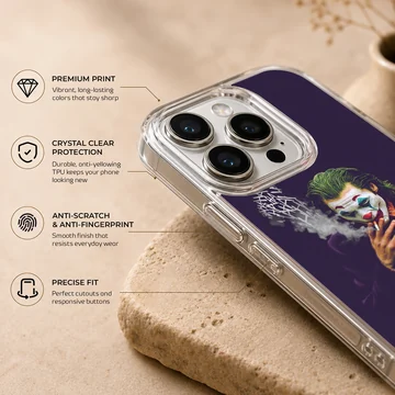 Cinematic character digital illustration of a clown figure smoking with typography smoke on a phone case — Info