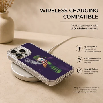 Cinematic character digital illustration of a clown figure smoking with typography smoke on a phone case — Charging
