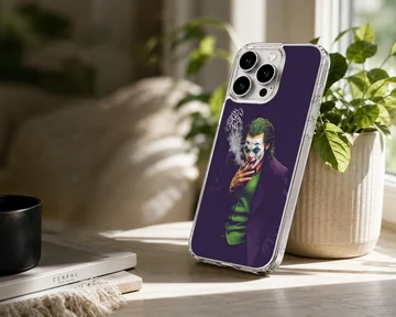 Cinematic character digital illustration of a clown figure smoking with typography smoke on a phone case — Lifestyle