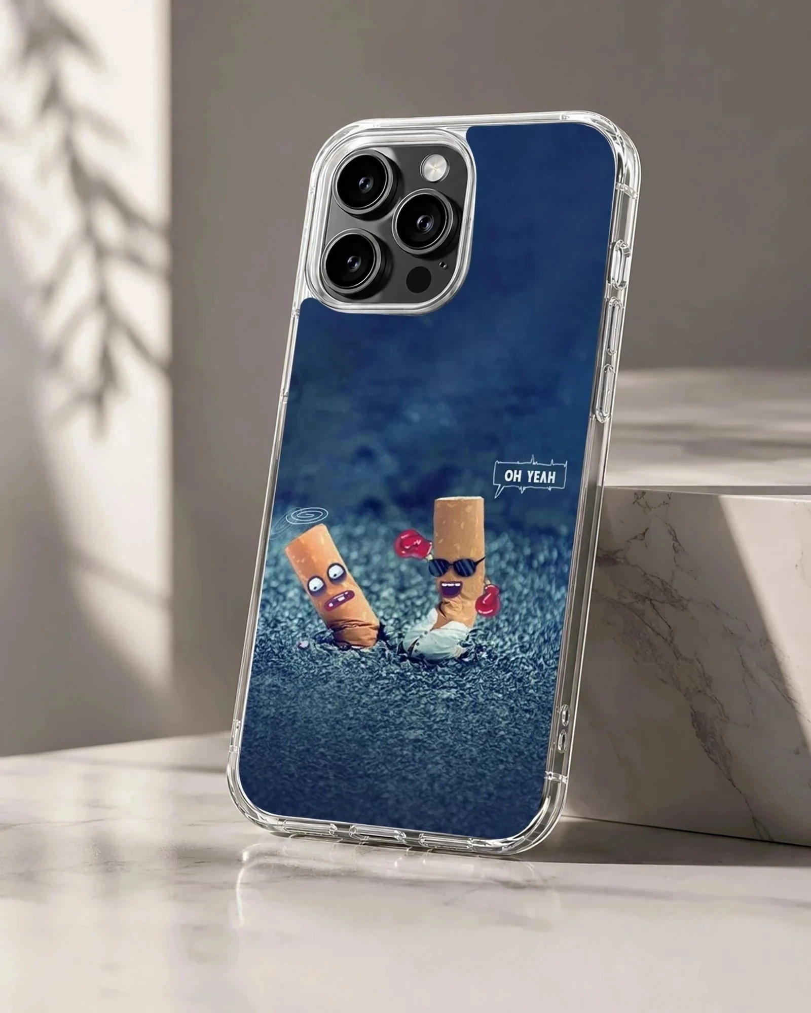A humorous cartoon illustration of two cigarette characters boxing on a blue background phone case