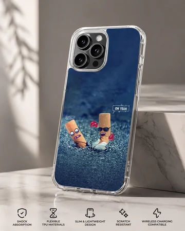 A humorous cartoon illustration of two cigarette characters boxing on a blue background phone case — Specs