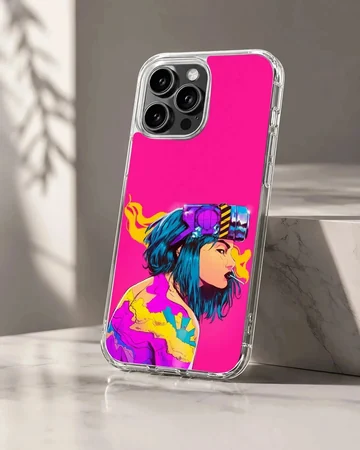 Digital illustration of a blue haired cyberpunk character on a vibrant pink phone case