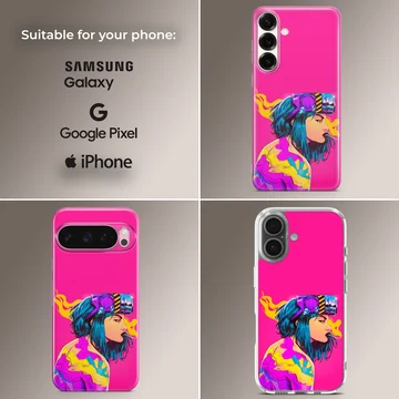 Digital illustration of a blue haired cyberpunk character on a vibrant pink phone case — Collage