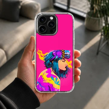 Digital illustration of a blue haired cyberpunk character on a vibrant pink phone case — Lifestyle
