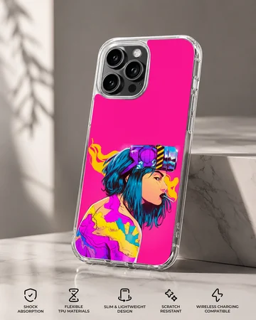 Digital illustration of a blue haired cyberpunk character on a vibrant pink phone case — Specs