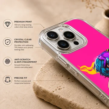 Digital illustration of a blue haired cyberpunk character on a vibrant pink phone case — Info