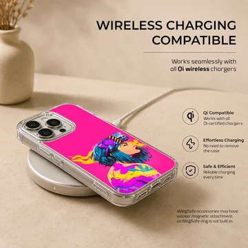Digital illustration of a blue haired cyberpunk character on a vibrant pink phone case — Charging