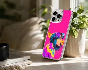 Digital illustration of a blue haired cyberpunk character on a vibrant pink phone case — Lifestyle