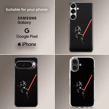 Dark villain character holding a glowing red lightsaber phone case — Collage
