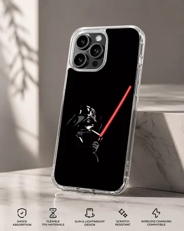 Dark villain character holding a glowing red lightsaber phone case — Specs