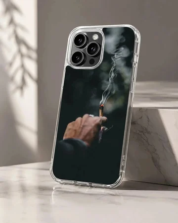 Close-up photographic print of a hand holding a lit cigarette with curling smoke against a dark background phone case