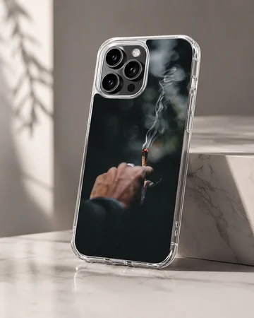 Close-up photographic print of a hand holding a lit cigarette with curling smoke against a dark background phone case — Hero