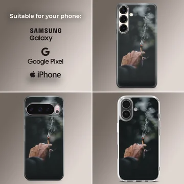 Close-up photographic print of a hand holding a lit cigarette with curling smoke against a dark background phone case — Collage