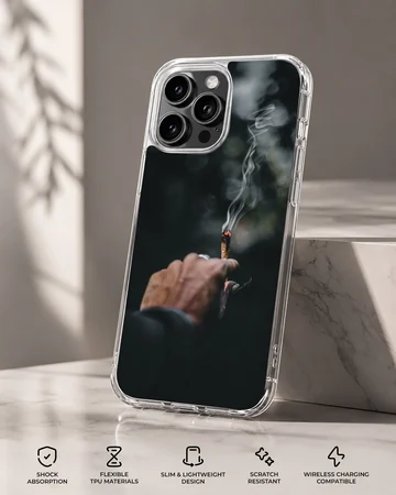 Close-up photographic print of a hand holding a lit cigarette with curling smoke against a dark background phone case — Specs