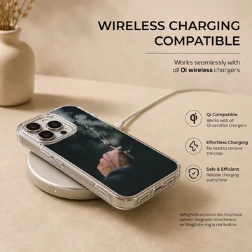Close-up photographic print of a hand holding a lit cigarette with curling smoke against a dark background phone case — Charging