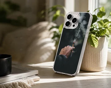 Close-up photographic print of a hand holding a lit cigarette with curling smoke against a dark background phone case — Lifestyle