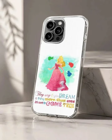 Watercolor princess illustration with a quote in whimsical lettering on a phone case