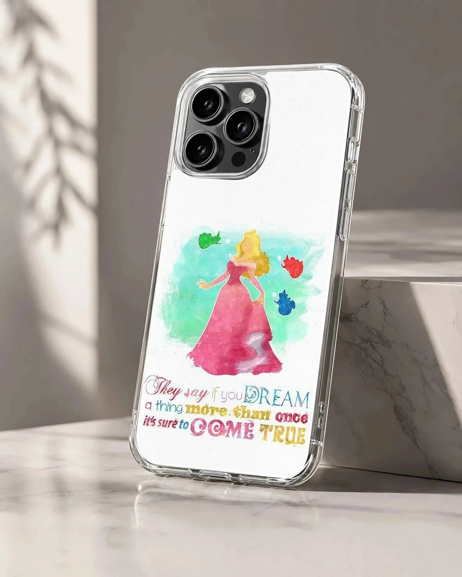Watercolor princess illustration with a quote in whimsical lettering on a phone case