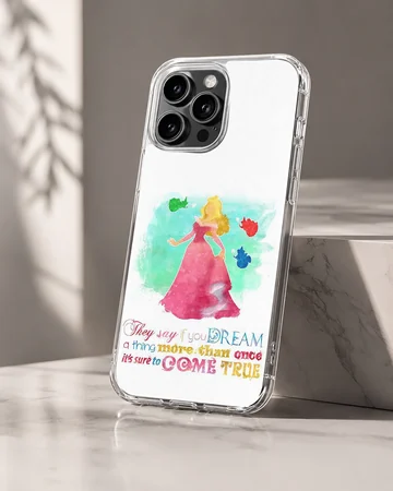 Watercolor princess illustration with a quote in whimsical lettering on a phone case — Hero