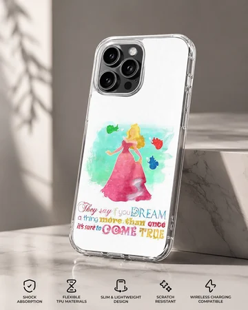 Watercolor princess illustration with a quote in whimsical lettering on a phone case — Specs