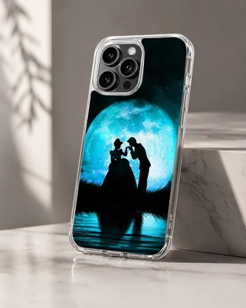 Cinderella silhouette standing before a glowing blue moon on a phone case — Hero