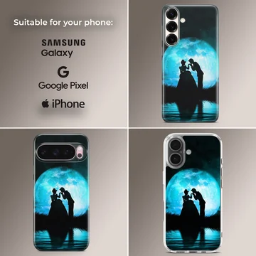 Cinderella silhouette standing before a glowing blue moon on a phone case — Collage