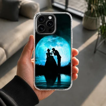Cinderella silhouette standing before a glowing blue moon on a phone case — Lifestyle
