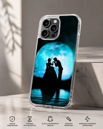 Cinderella silhouette standing before a glowing blue moon on a phone case — Specs