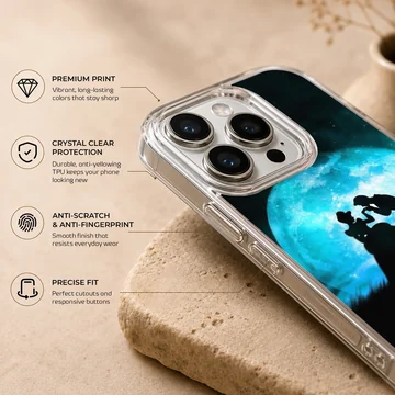 Cinderella silhouette standing before a glowing blue moon on a phone case — Info